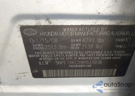 2009 Hyundai Sonata Gls из США, поврежденный, VIN 5NPET46C59H533936